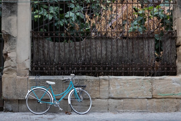 Een fiets staat naast een hek op straat geparkeerd.
