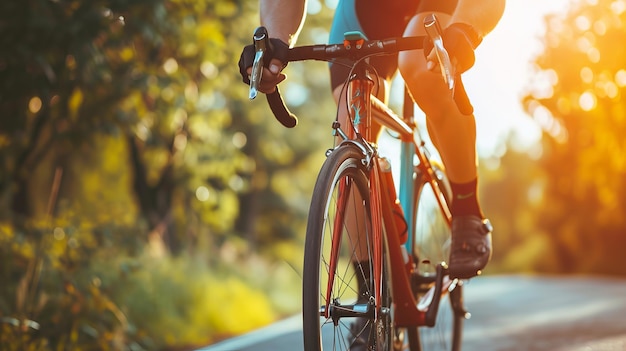 Een fietser glijdt door een zonovergoten bospad, een bewijs van het plezier van fietsen en generatieve AI-fotografie