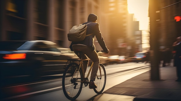 Een fietser op weg naar zijn werk