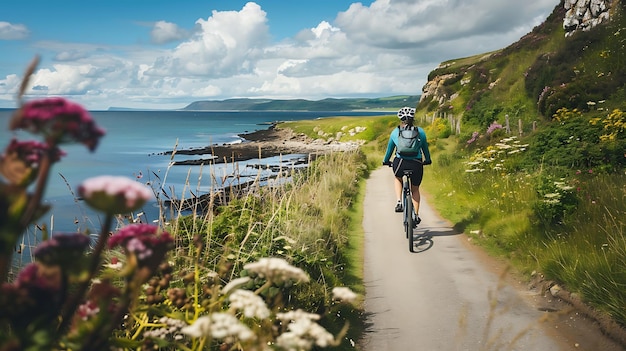 Een fietser rijdt langs een kustpad op een zonnige dag de zee is aan de linkerkant en er zijn groene velden aan de rechterkant