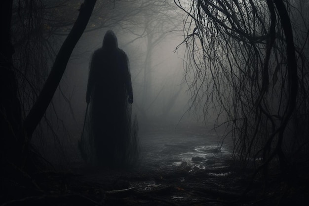 Een figuur in een donker bos met een lange stok in het midden.