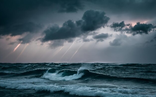 Foto een filmisch beeld van een oceaan op een stormachtige nacht