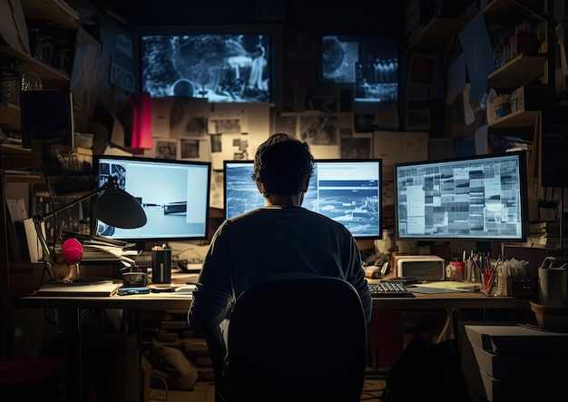 Een filmische opname van een redacteur die aan een rommelig bureau zit, omringd door stapels papieren en een