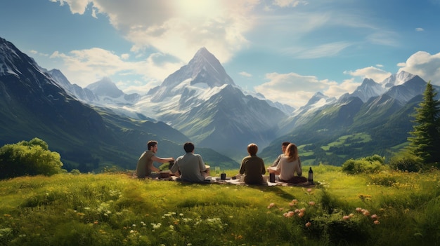 een filmposter voor een groep mensen die voor een berg zitten.
