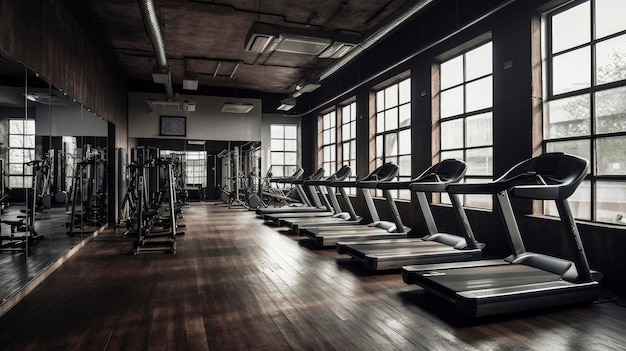 Een fitnessruimte met een loopband en ramen