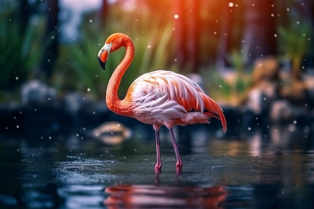 Een flamingo die door het water van een meer in een tropisch bos loopt