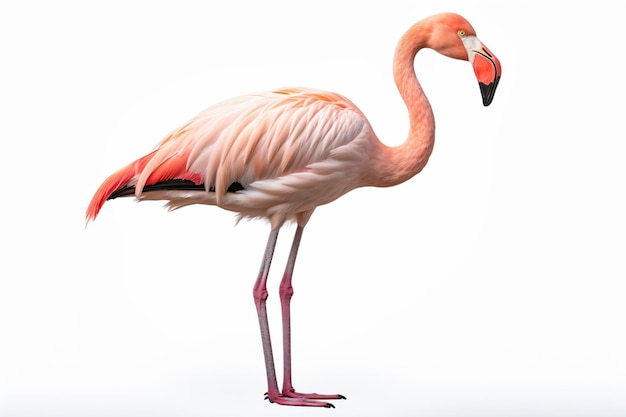 een flamingo die op een wit oppervlak staat met zijn kop gedraaid