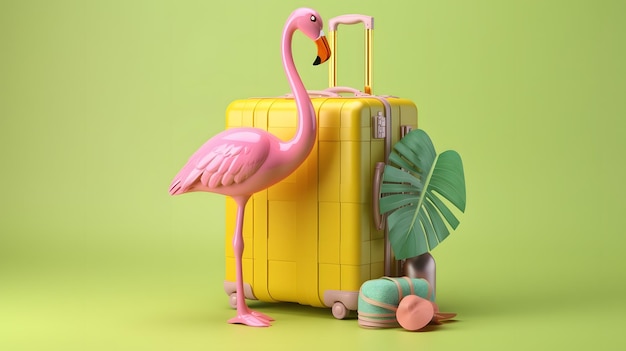 Een flamingo en een gele koffer staan op een groene achtergrond.