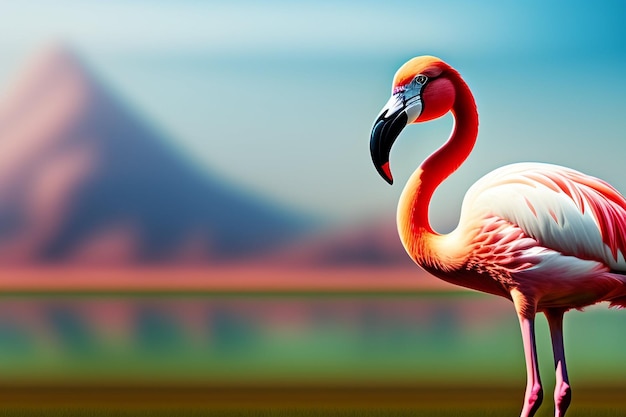 Een flamingo met een berg op de achtergrond