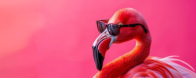 Foto een flamingo met een zonnebril en een roze achtergrond