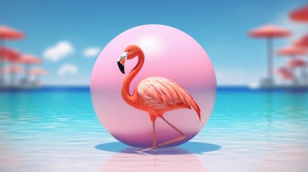 Een flamingo op een roze bal in de oceaan