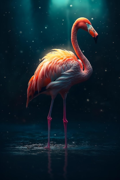 Een flamingo staat in het water met het licht erop.