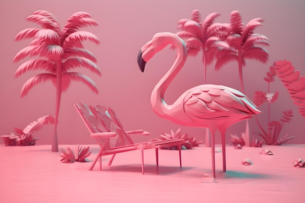 Een flamingo staat op een roze achtergrond met palmbomen en een strandstoel.