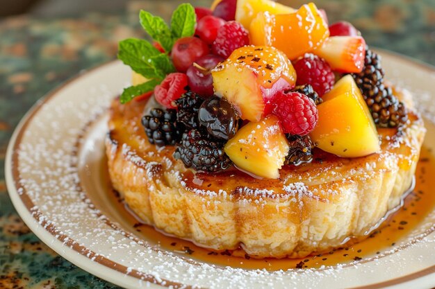 Een flan geserveerd met een kant van scherpe gemengde fruit marmelade voor helderheid