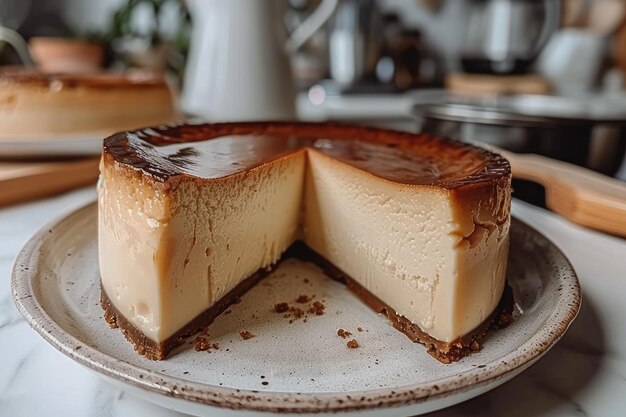 een flan op een bord met op de bovenste keukentafel professionele reclame voedselfotografie