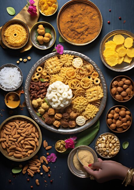 Een flatlay van Zuid-Indiase speciale Diwali-snoepjes en snacks