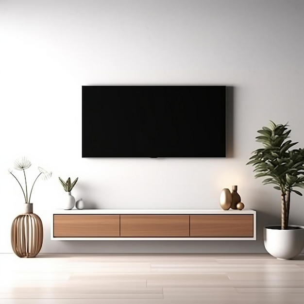 een flatscreen-tv is op een muur boven een houten tafel gemonteerd.