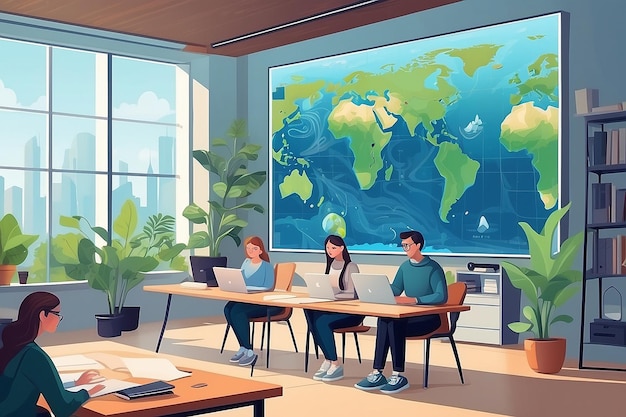 een flatstyle illustratie van studenten die AI-gestuurde simulaties gebruiken om scenario's van klimaatverandering te bestuderen vector illustratie in flatstyle