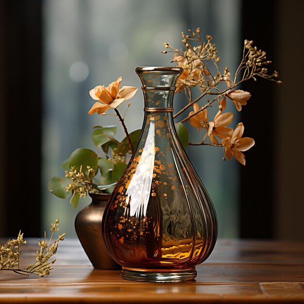 een fles alcohol staat op een tafel met een plant op de achtergrond.