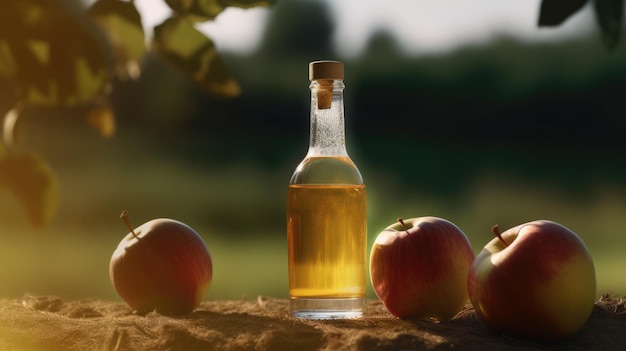 Een fles appelcider naast appels op een hoop aarde.