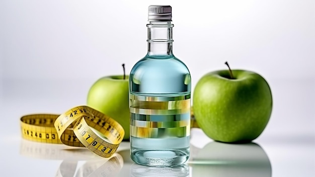 Een fles appelsap naast een meetlint