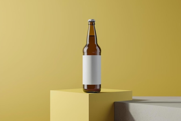 een fles bier die bovenop een blok zit
