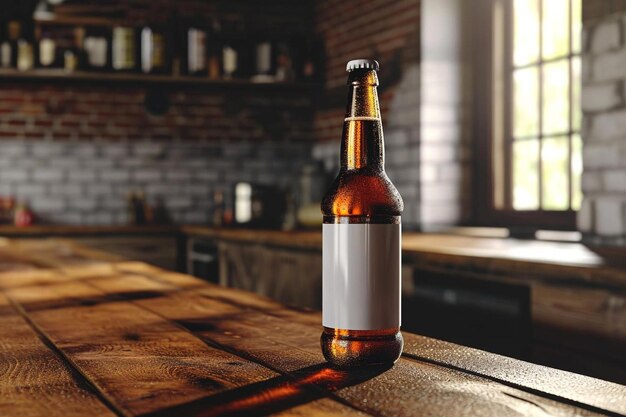 een fles bier die op een houten tafel zit