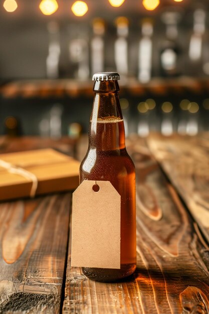 Een fles bier met een label erop zit op een houten tafel.