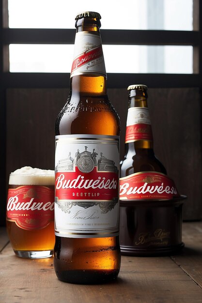 Foto een fles bier met het woord budweiser erop.