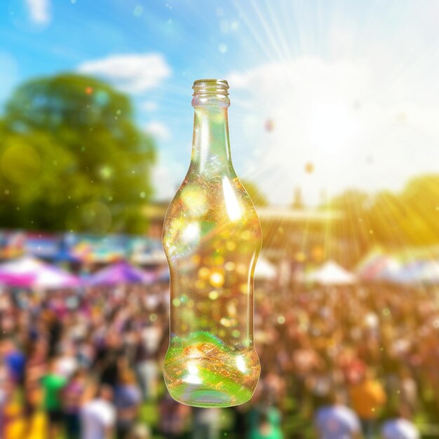 een fles bier staat voor een menigte mensen.