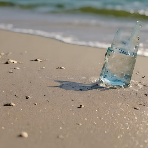 Foto een fles blauw zee schuim zit op het strand