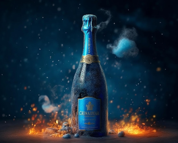 een fles champagne met een blauw label waarop staat: la la la la