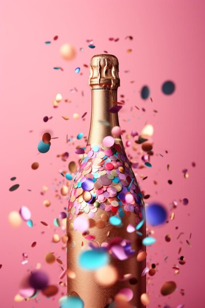 Een fles champagne met kleurrijke kralen bovenop.