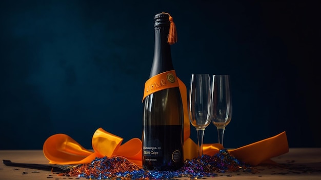 een fles champagne met oranje lint en oranje lint.