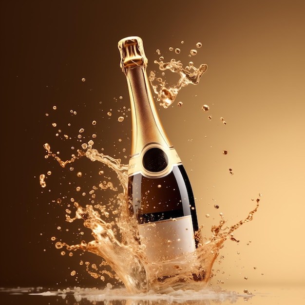 Foto een fles champagne met spatten op een gouden achtergrond