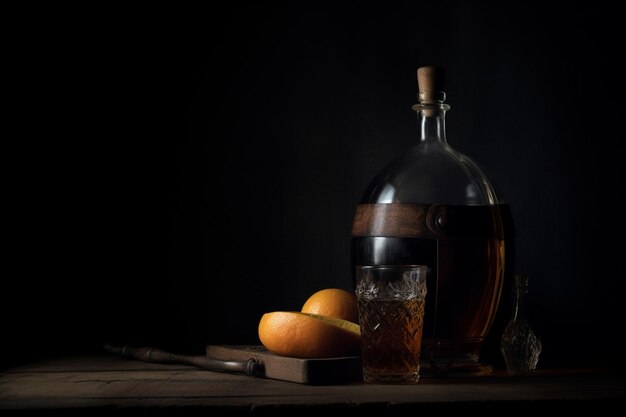 Een fles cognac met een glas sinaasappels en een glas wijn.