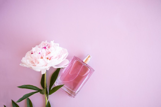 Een fles damesparfum op een roze achtergrond met een pioenroos bovenaanzicht een kopie van de ruimte het concept van parfumerie en schoonheid