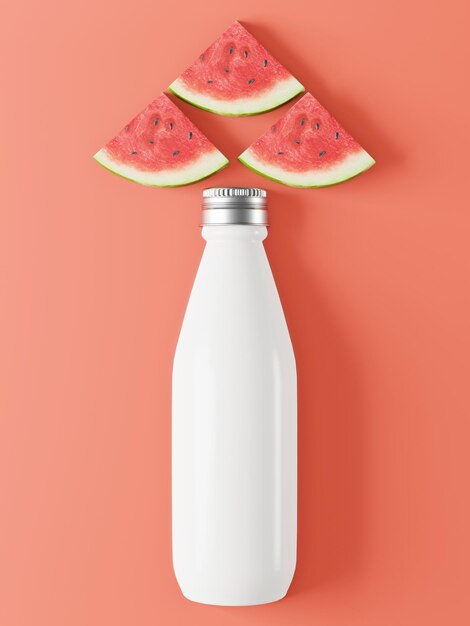 Een fles die wordt gebruikt voor het bevatten van watermeloensap met watermeloen