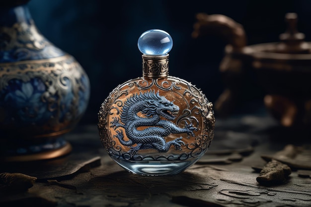 Een fles drakenparfum staat op een donkere achtergrond.