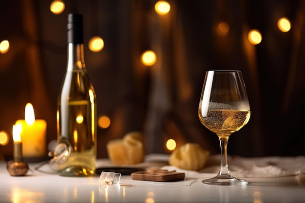 Een fles en een glas witte wijn op een tafel met kaarsen Gegenereerde ai