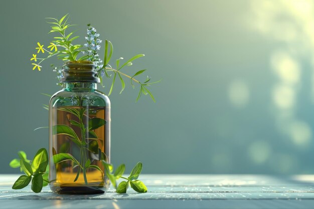 Een fles etherische olie staat op een tafel met wat groene bladeren