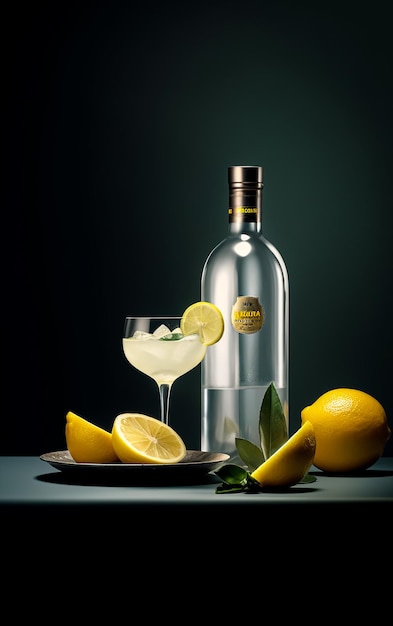 Een fles gedistilleerde drank type staat naast een glas ijs en een half vol glas citroenen