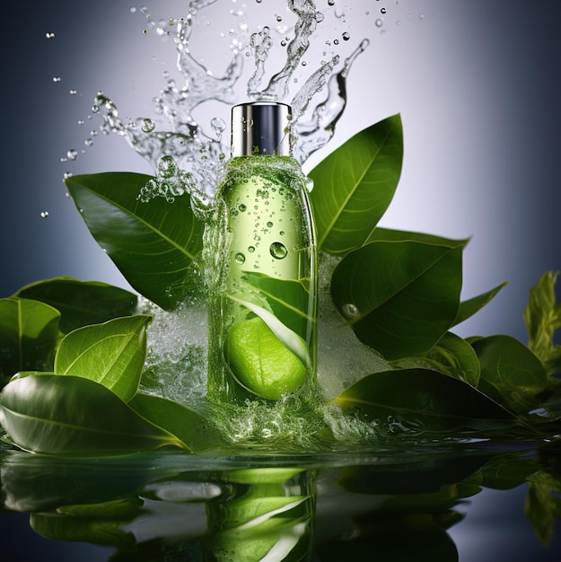 een fles groene olijfolie wordt met water bespat.