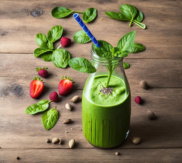 Een fles groene smoothie met een blauw rietje en rietje.