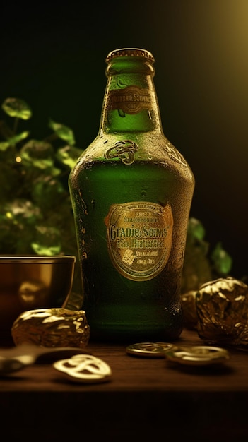 Een fles harrods-bier staat op een tafel met een groene achtergrond.