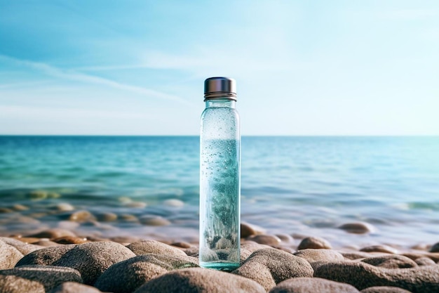 een fles heldere vloeistof staat op een rotsachtig strand.