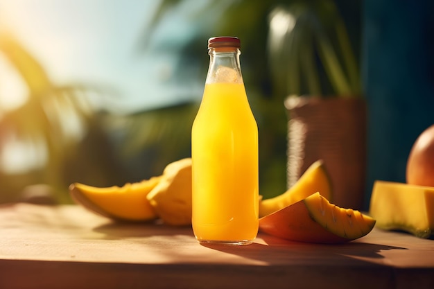 Een fles mangosap staat op een tafel waar de zon doorheen schijnt.