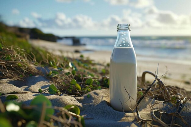 een fles melk die bovenop een zandstrand zit