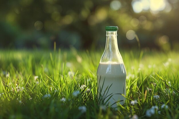 een fles melk die in het gras zit