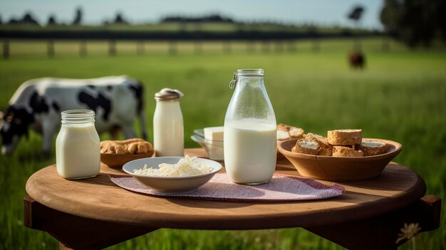 Een fles melk een glas melk en een bord kaas op een tafel voor een weiland met koeien Generatieve AI